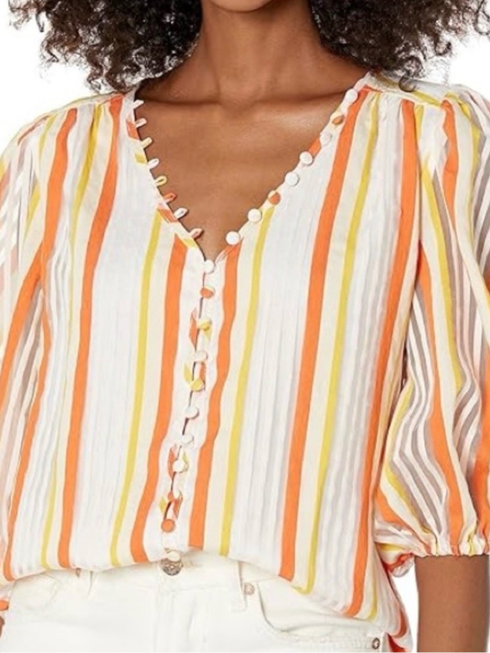 Trina Turk Los Angeles Stripe Blouse Size M | Puff Sleeve Button Front EUC